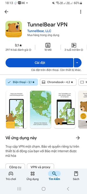 Anh em nhấn cài đặt TunnelBear VPN