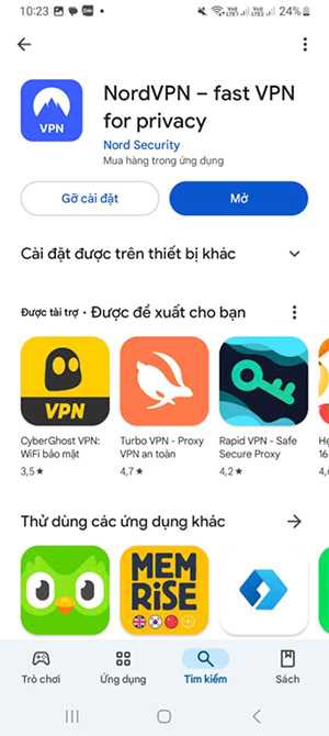 Anh em nhấn mở để vào Nord VPN