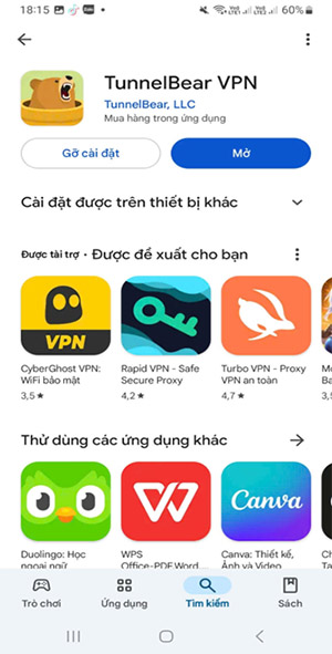 Anh em nhấn mở phần mềm TunnelBear VPN