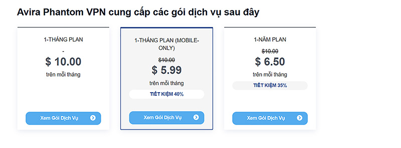 Các gói cước của Avira Phantom VPN