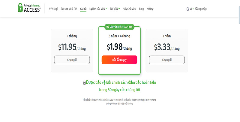 Các gói cước dịch vụ Private Internet Access VPN