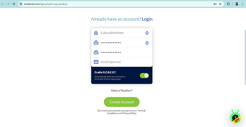 Đăng ký và đăng nhập vào tài khoản tại Windscribe