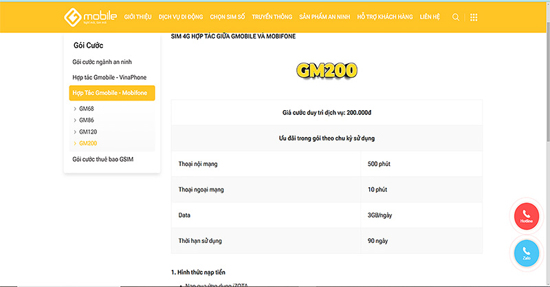 Gói cước dịch vụ GM200 Gmobile
