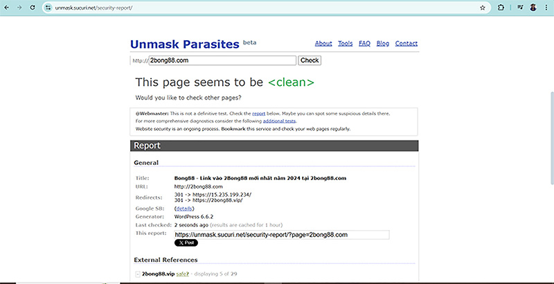 Kết quả kiểm tra 2bong88.com bằng Unmask Parasites