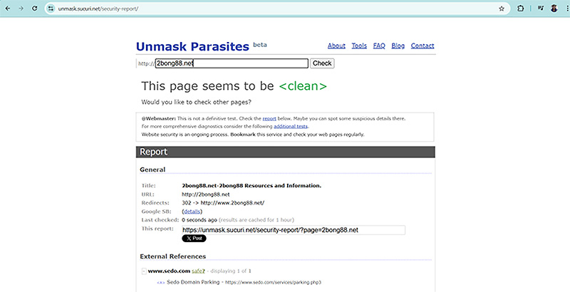 Kết quả kiểm tra 2bong88.net bằng Unmask Parasites