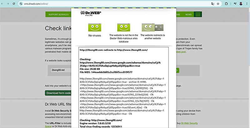 Kết quả kiểm tra độ an toàn của 2bong88.com bằng Dr.Web Anti-Virus Link Checker