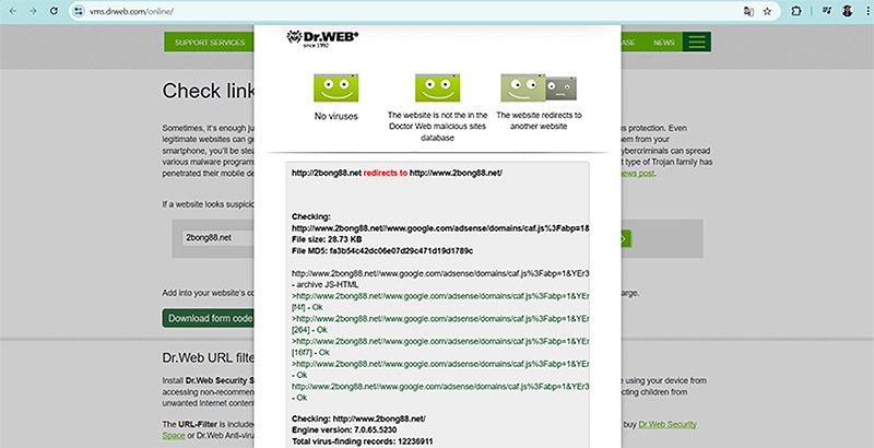 Kết quả kiểm tra độ an toàn của 2bong88.net bằng Dr.Web Anti-Virus Link Checker