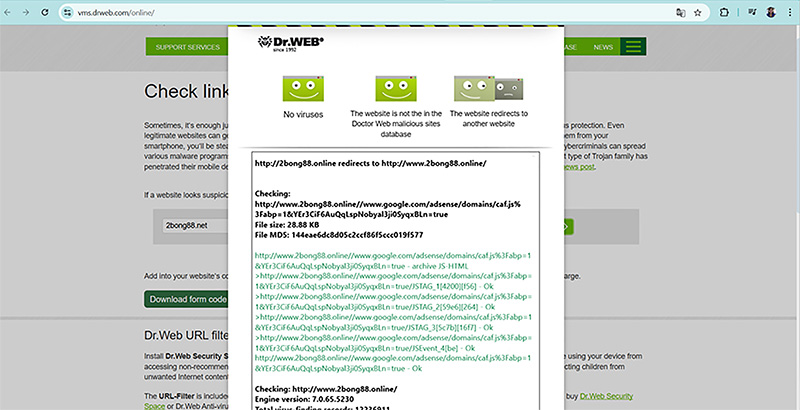 Kết quả kiểm tra độ an toàn của 2bong88.online bằng Dr.Web Anti-Virus Link Checker