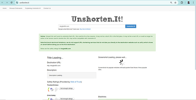 Kết quả kiểm tra độ an toàn của kingbet.com bằng unshorten.it