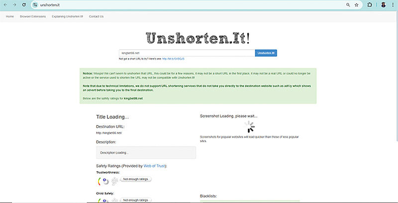 Kết quả kiểm tra độ an toàn của kingbet.net bằng unshorten.it