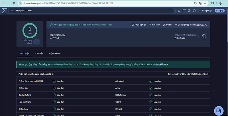 Kết quả kiểm tra ole777.net bằng công cụ Virustotal