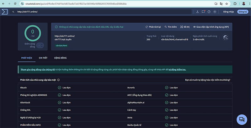 Kết quả kiểm tra ole777.online bằng công cụ Virustotal