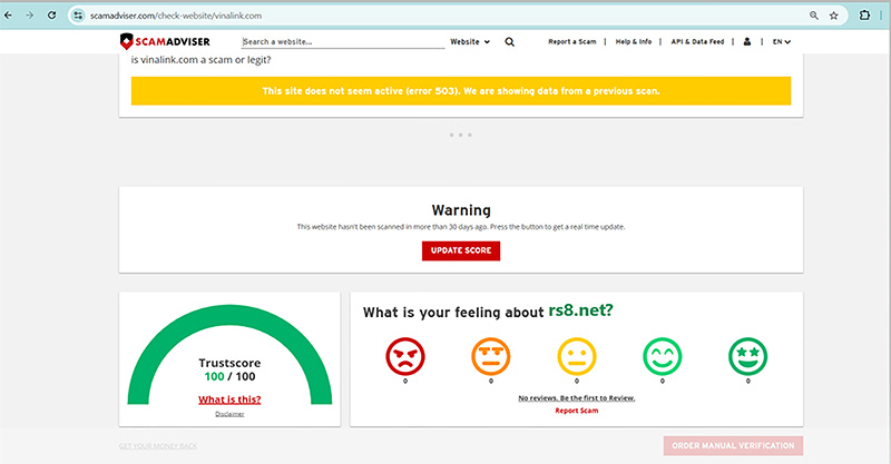 Kết quả kiểm tra rs8.net bằng công cụ scamadviser.com