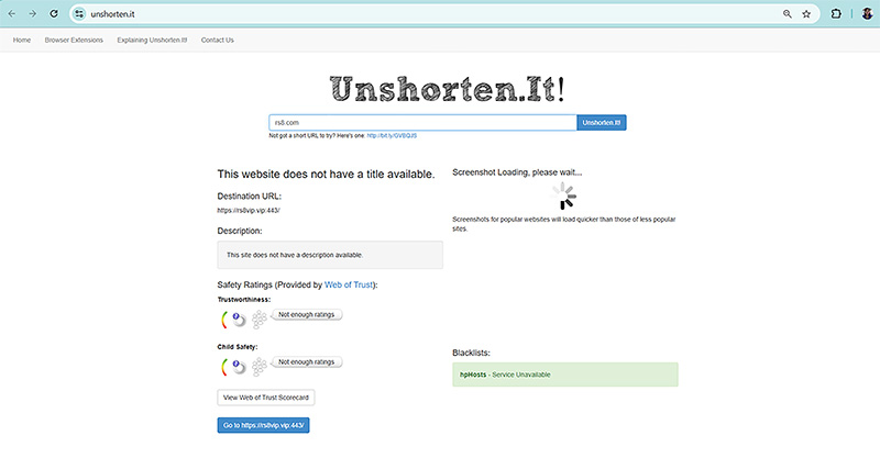 Kết quả kiểm tra trang rs8.com bằng Unshorten.it