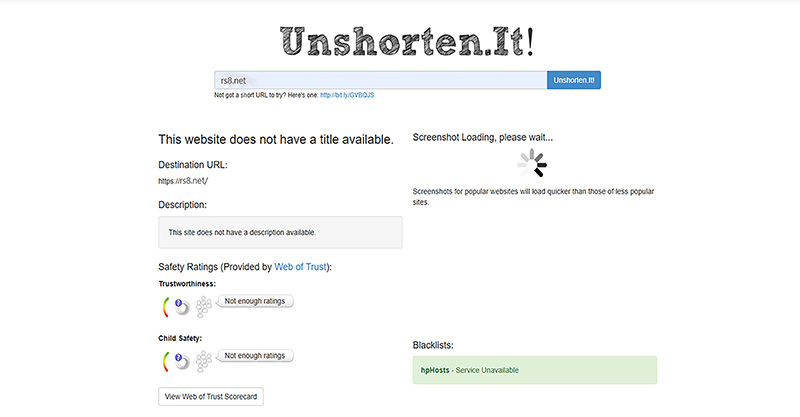Kết quả kiểm tra trang rs8.net của Unshorten.it