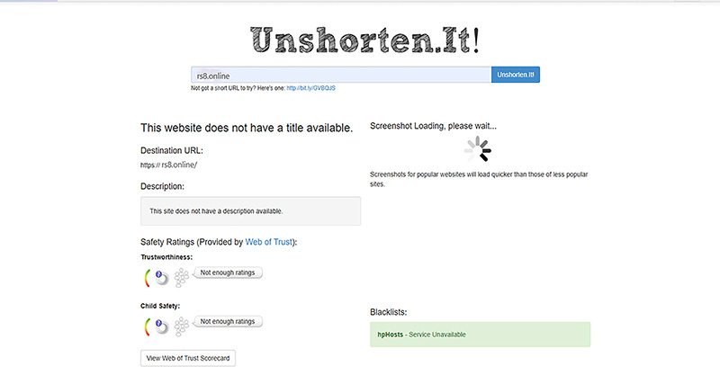 Kết quả kiểm tra trang rs8.online bằng Unshorten.it