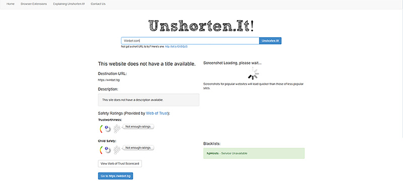 Kết quả kiểm tra winbet.com bằng UnShorten.it