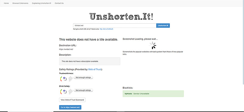 Kết quả kiểm tra winbet.net bằng UnShorten.it