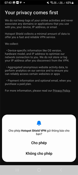 Nhấn “Cho phép” Hostpot Shied