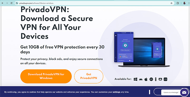 Nhấn chọn Download PrivadoVPN for Windows.