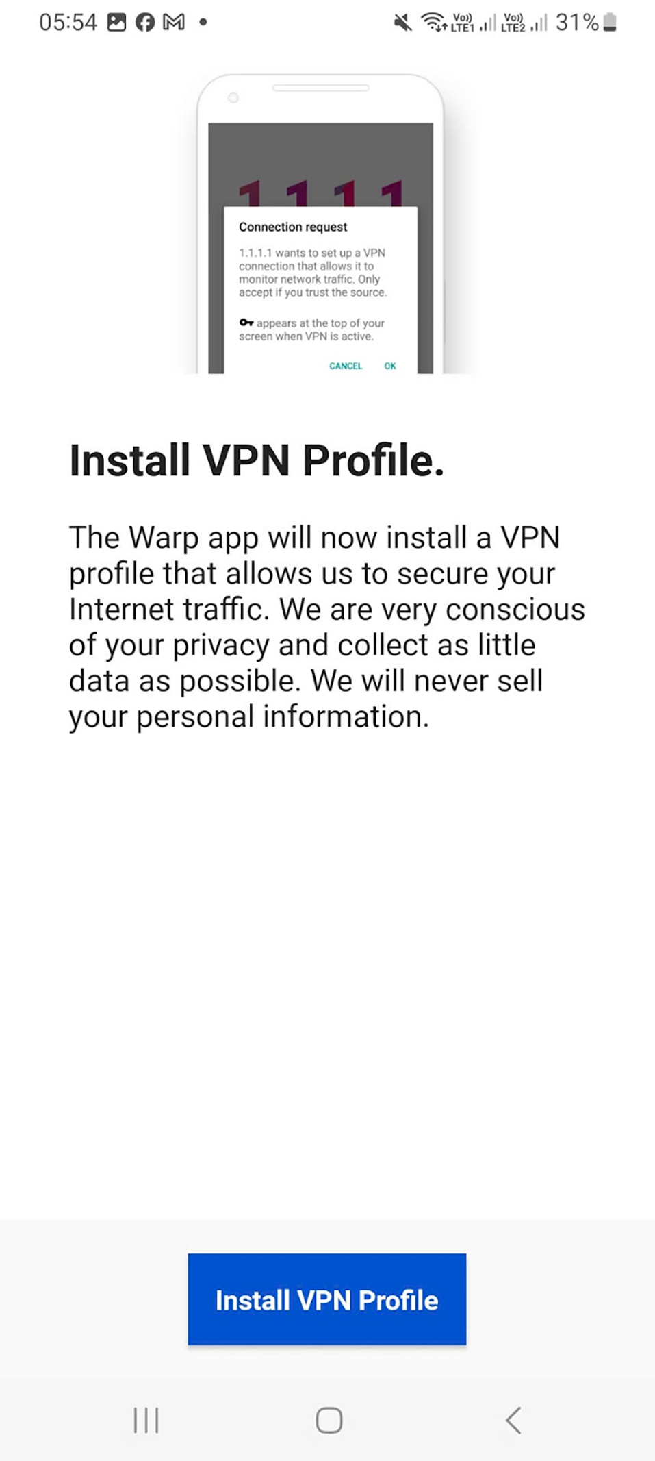 Nhấn Install VPN Profile VPN 1.1.1.1