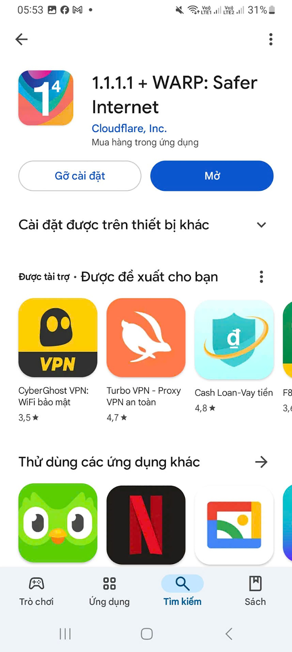 Nhấn Mở ứng dụng vpn 1.1.1.1 đã cài đặt