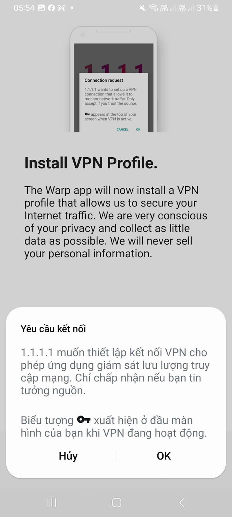 Nhấn Ok để thiết lập kết nối VPN 1.1.1.1