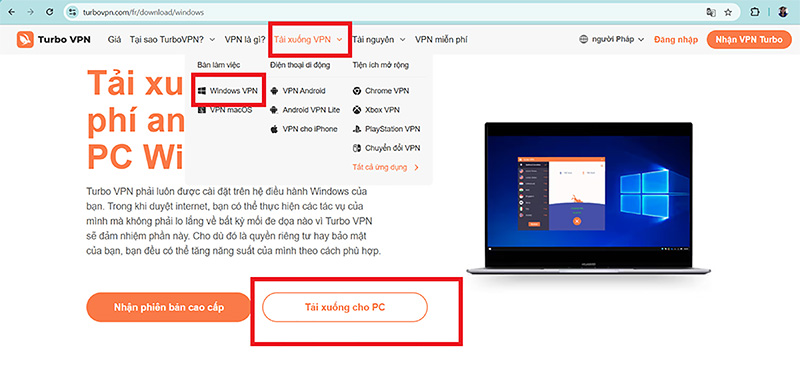 Nhấn tải xuống cho PC Turbo VPN