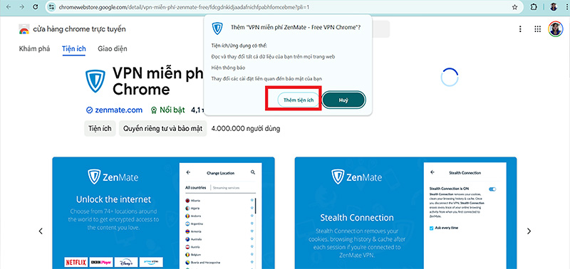 Nhấn Thêm tiện ích ZenMate VPN