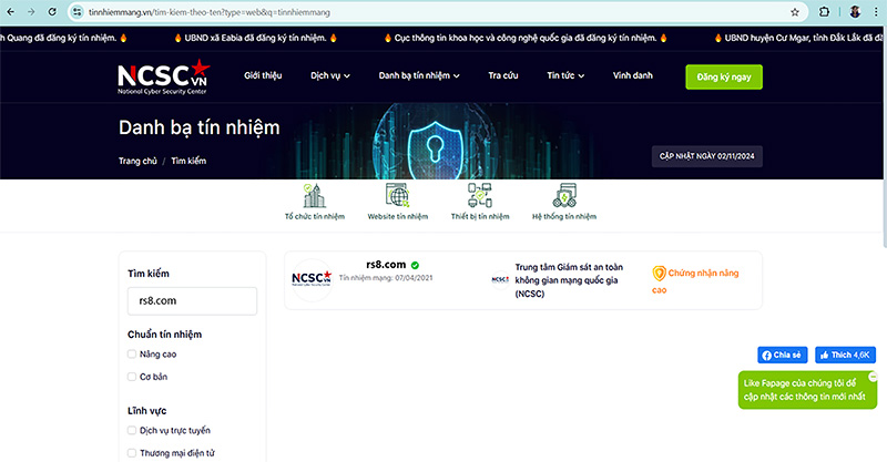 Xác nhận web rs8.com an toàn của Tín Nhiệm Mạng