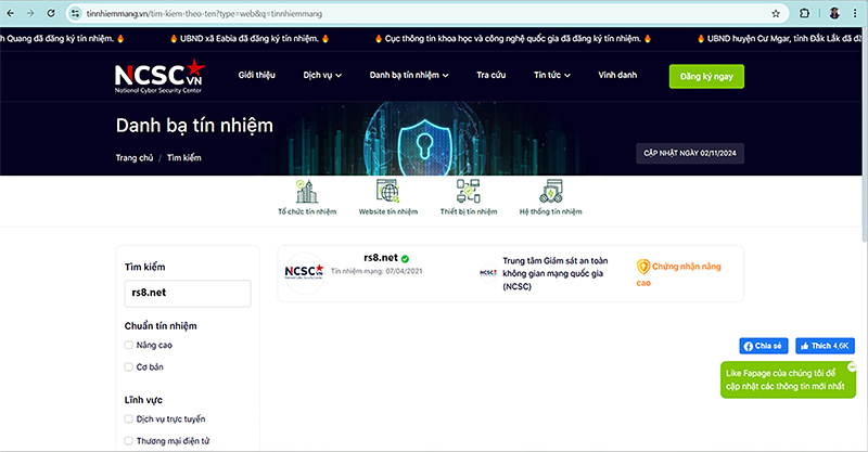 Xác nhận web rs8.net an toàn của Tín Nhiệm Mạng