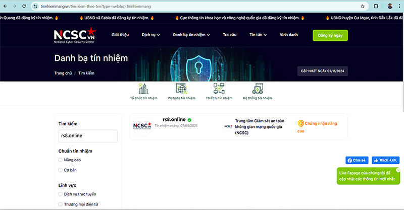 Xác nhận web rs8.online an toàn của Tín Nhiệm Mạng